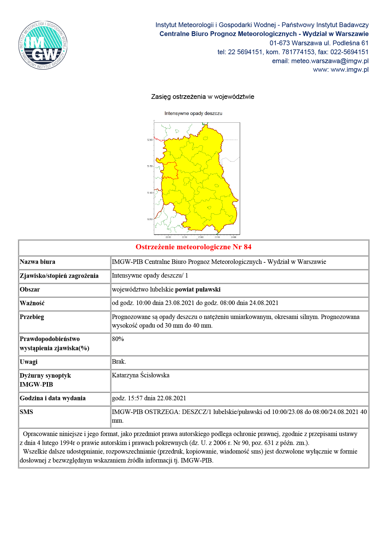 IMGW: Ostrzeżenie przed intensywnymi opadami deszczu