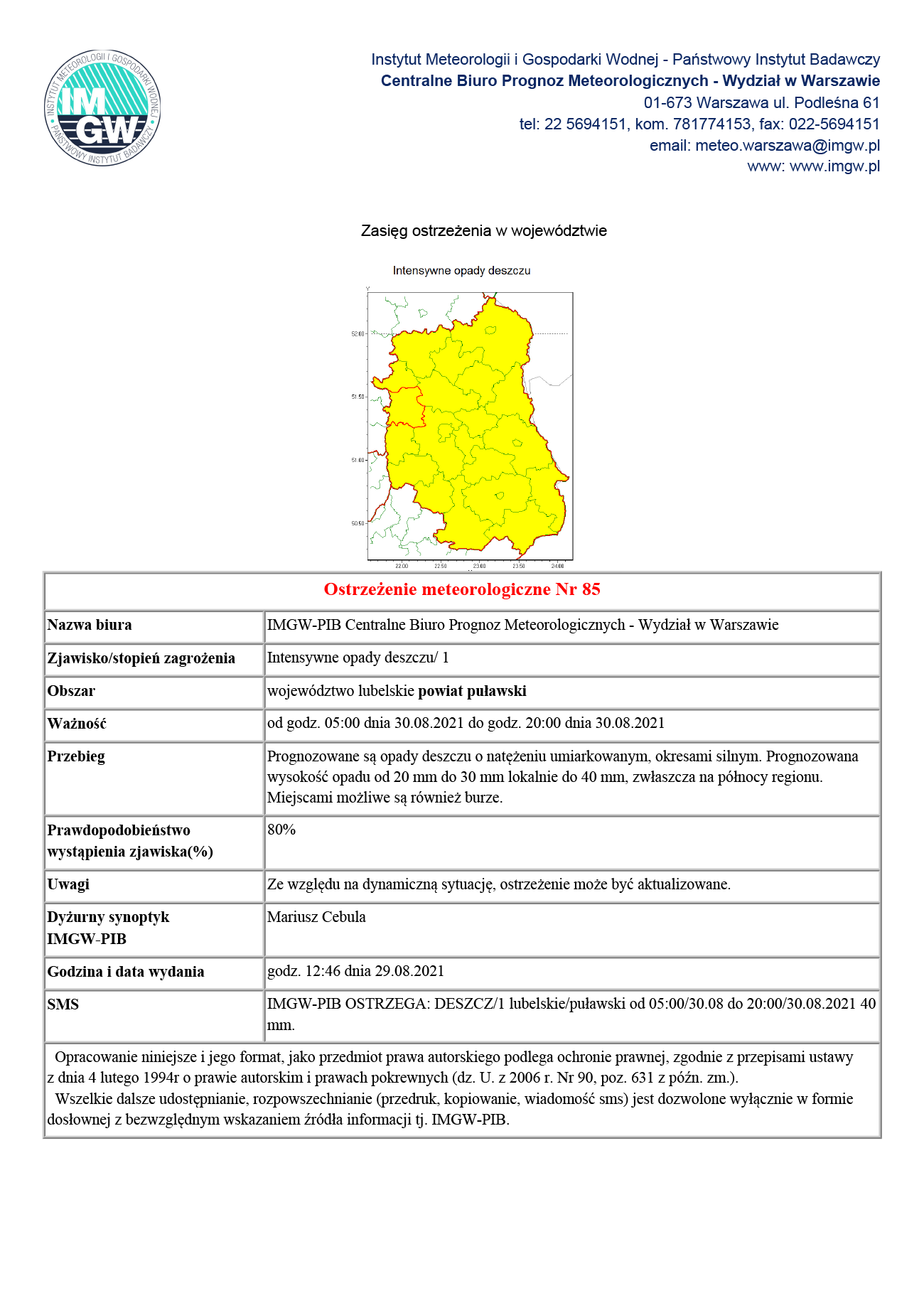 Ostrzeżenie IMGW przed intensywnymi opadami deszczu