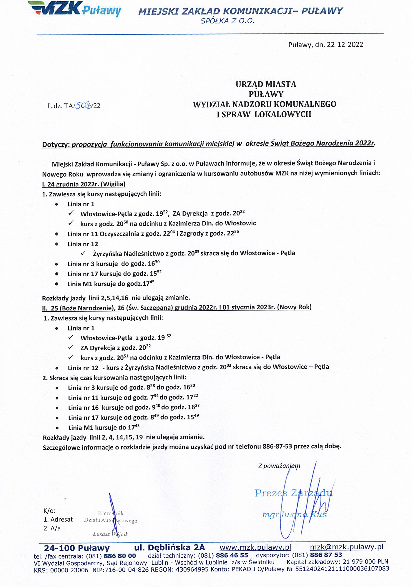 MZK: Zmiany funkcjonowania komunikacji miejskiej w okresie Świąt Bożego Narodzenia 2022r.
