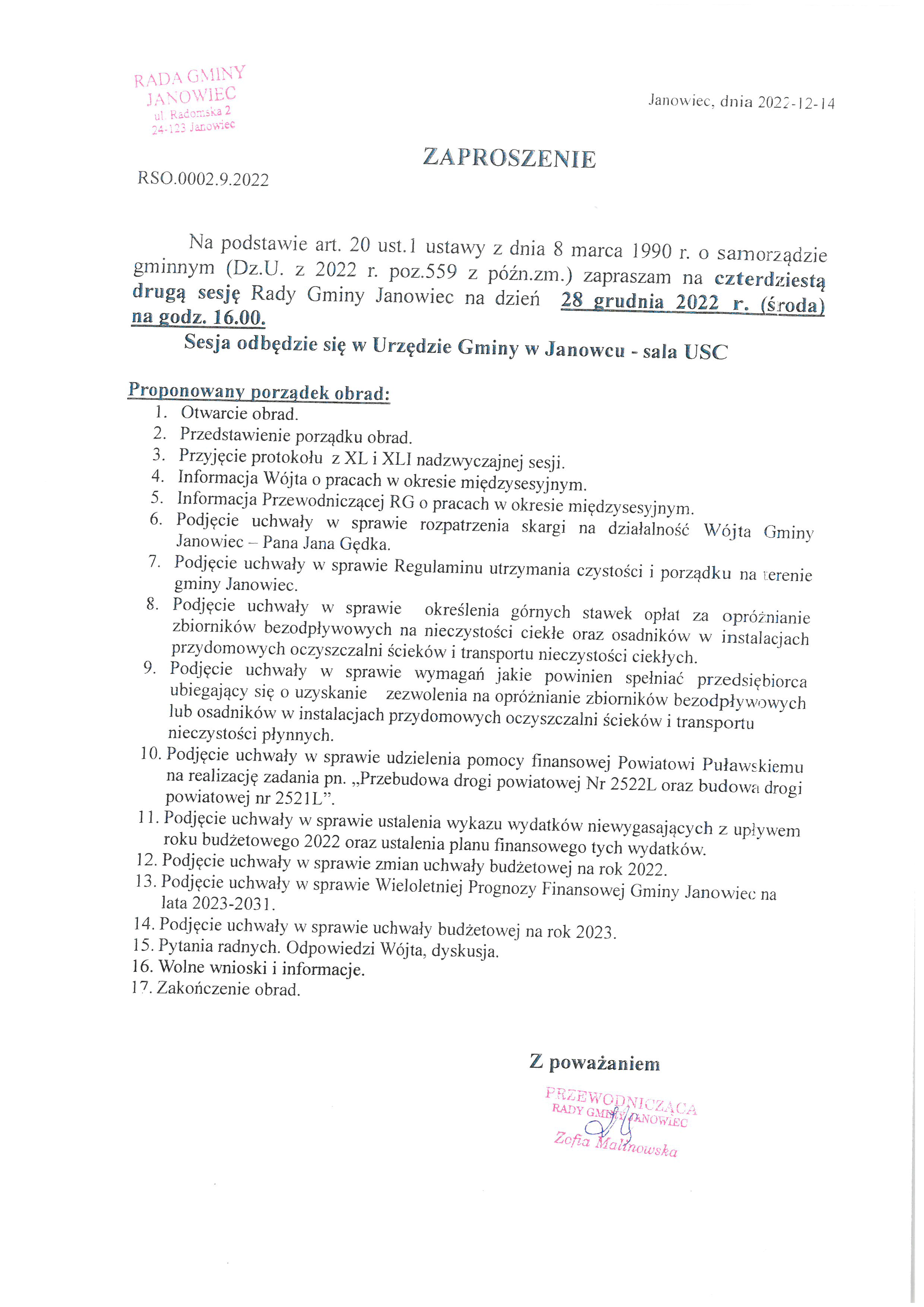 Zaproszenie na czterdziestą drugą sesję Rady Gminy Janowiec